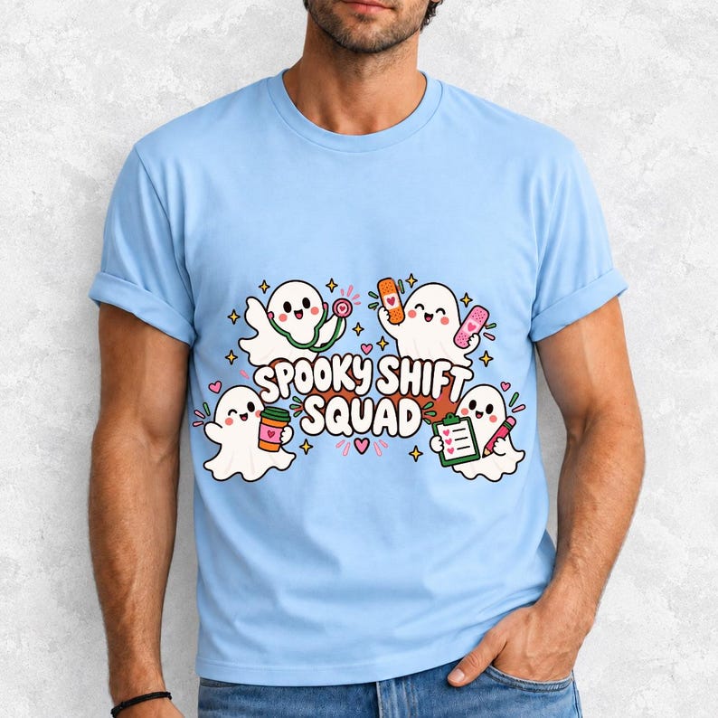 Four kawaii ghosts with stethoscope, bandages, coffee and clipboard, text Spooky Shift Squad