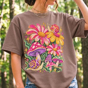 Retro 70s psychedelic glitter daisies and snails with groovy stars in pink, mustard, violet and mint
