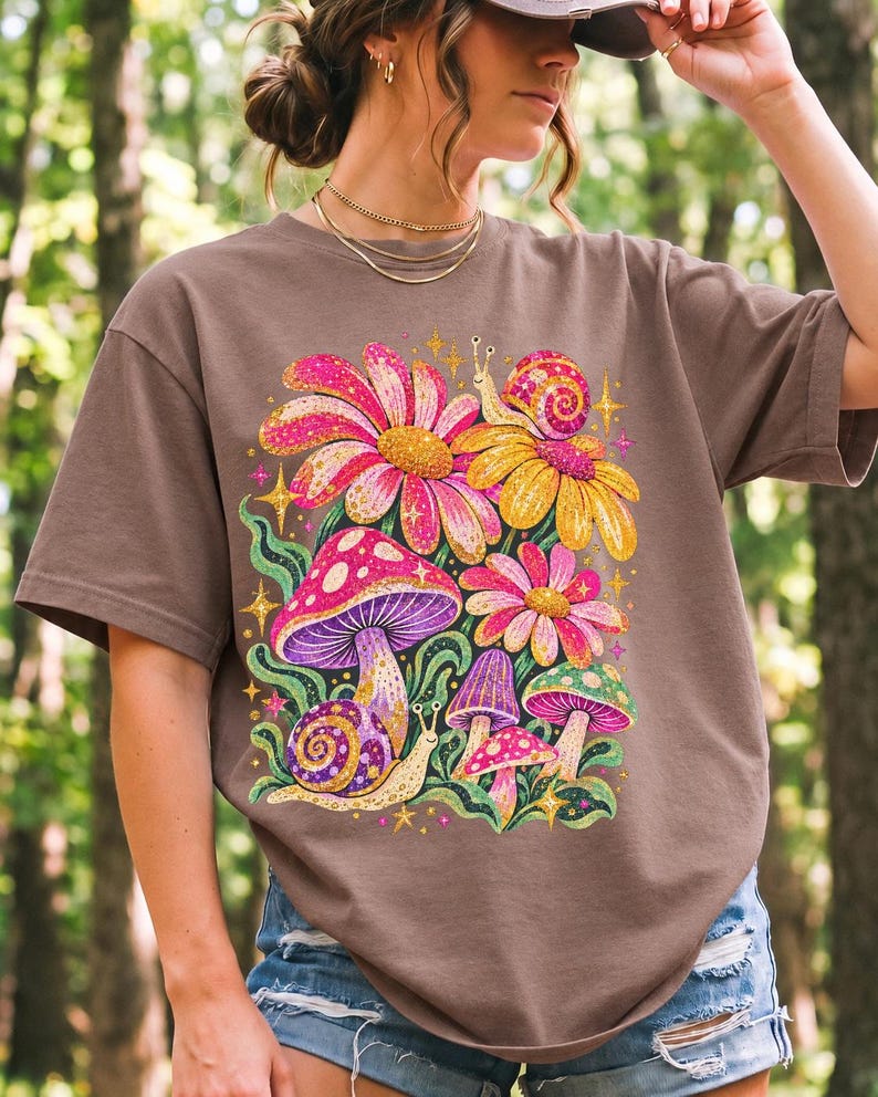 Retro 70s psychedelic glitter daisies and snails with groovy stars in pink, mustard, violet and mint