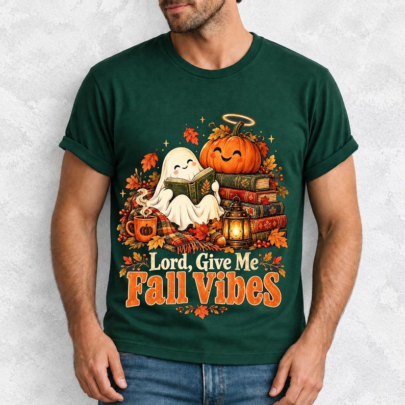 Smiling pumpkin with a halo beside a stack of books and a lantern, text "Lord, Give Me Fall Vibes", retro fall illustration