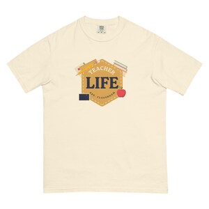 Teacher Life Shirt, Faux Patchwork School Supplies Comfort Colors Tee; Ivory Comfort Colors 1717 shirt, front product mockup