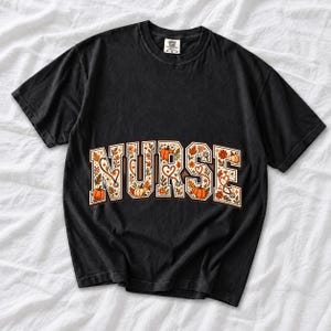Arched varsity word NURSE filled with autumn leaves, stethoscopes and pumpkins in cream, rust and mustard
