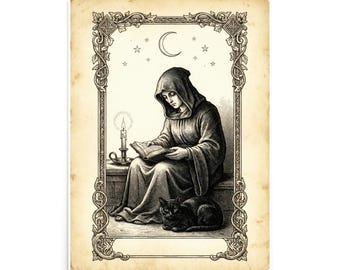 Puede incluir: Una ilustración en blanco y negro de una figura encapuchada sentada leyendo un libro a la luz de una vela. Un gato negro descansa a los pies de la figura. La escena está encerrada en un marco rectangular adornado con luna y estrellas.