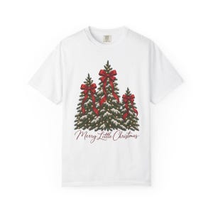 Comfort Colors Christmas Tree Bow Shirt, Coquette Christmas Tree Tee, Snowy Pine Tree T-shirt, Red Bow Christmas Shirt Women — Printify product mockup