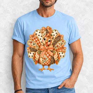 Turkey with patchwork fabric tail feathers decorated with bows on a cream and polka-dot stripe background