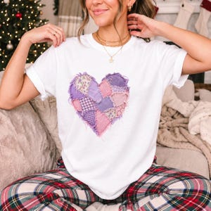 Comfort Colors Lavender Patchwork Heart Shirt, Quilt Heart Tee, Pastel Heart Valentine T-shirt, Valentines Day Heart Shirt Women