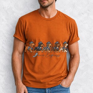 Illustrated dachshunds in conductor hats lined up like a train, text Doxie Express