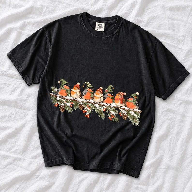 Watercolor bullfinches and robins in elf hats and scarves on a snowy pine branch
