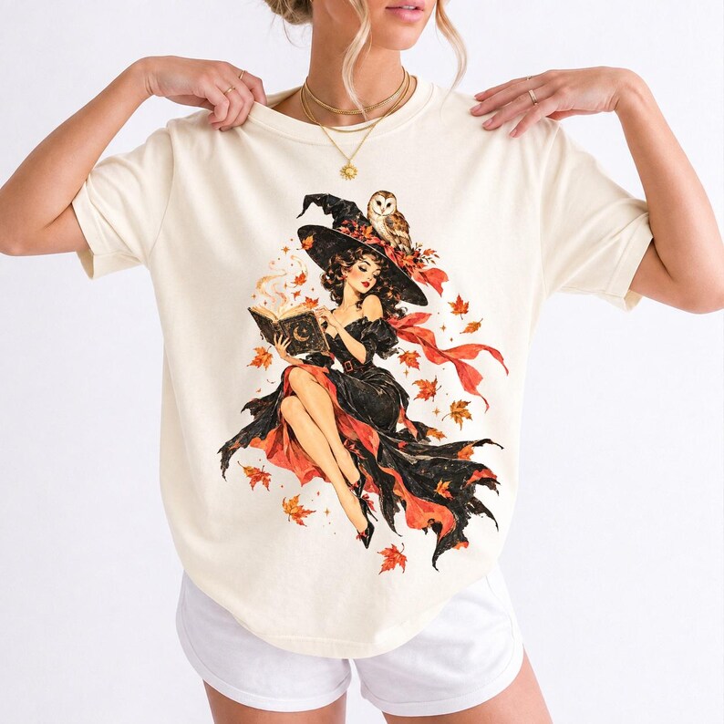 Retro 1950s pin-up witch floating while reading a spell book with an owl on her hat, autumn leaves