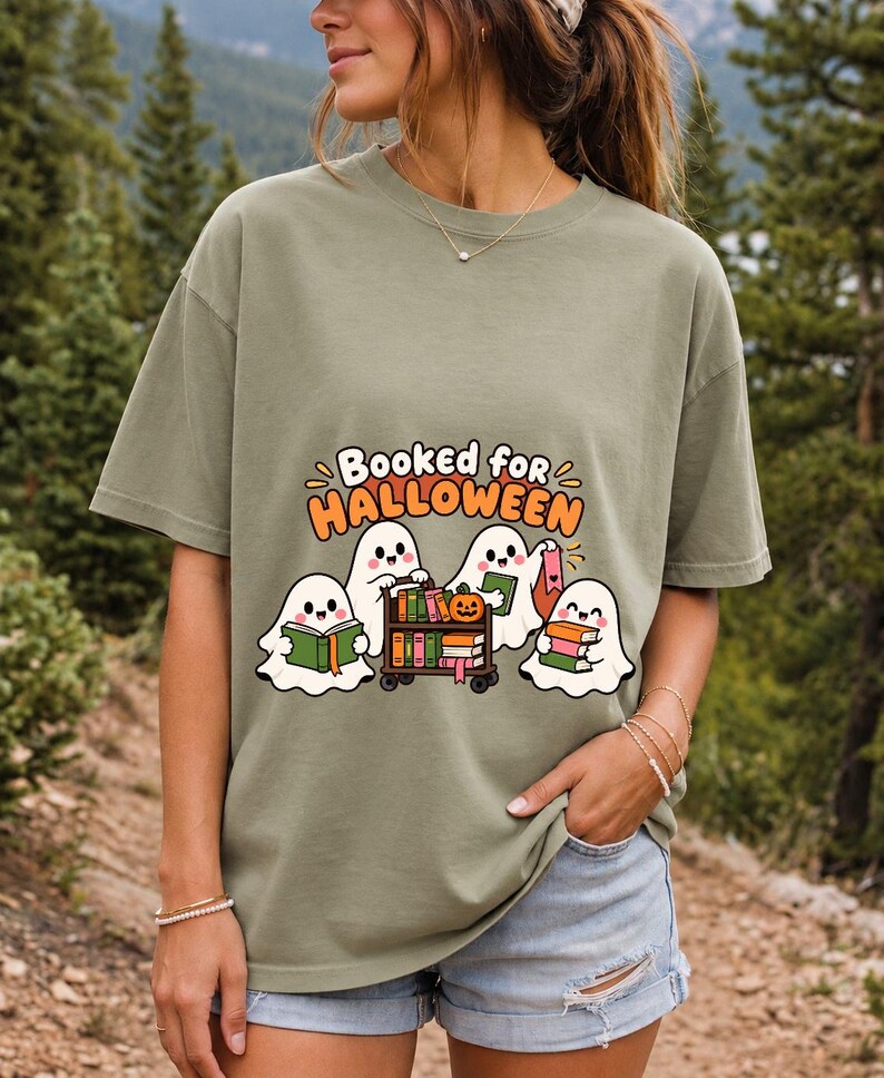 Four kawaii ghosts with books, a library cart and bookmarks, text Booked for Halloween