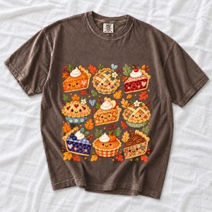 Grid of cute pie slices and mini pies with faces, lattice crusts and autumn leaves in patchwork sticker style