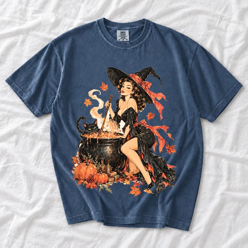 Retro 1950s pin-up witch winking while stirring a cauldron with a black cat peeking over the rim, autumn leaves