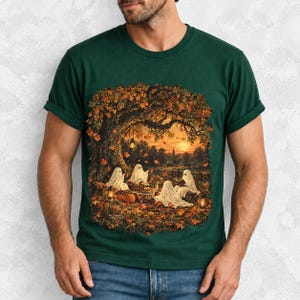 Vintage oil painting of sheet ghosts having a picnic under oak trees with falling autumn leaves at golden hour