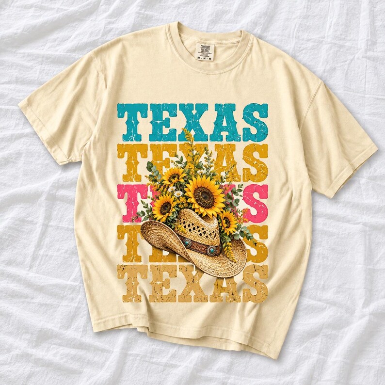 Straw cowboy hat full of sunflowers over a five-line stacked TEXAS word in retro western colors
