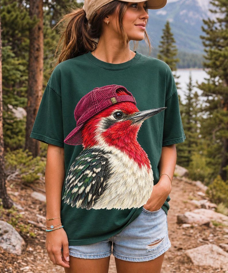 Colored-pencil red-headed woodpecker in side profile wearing a backwards corduroy cap, funny birder t-shirt graphic