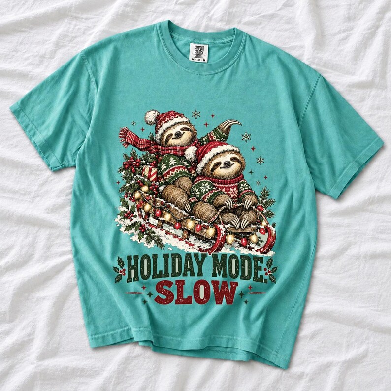 Two sloths in ugly sweaters riding a sled with lights and the text Holiday Mode: Slow