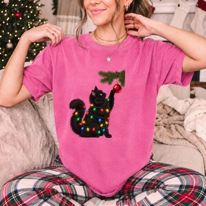 Comfort Colors Black Cat Christmas Shirt, Funny Cat Ornament Tee, Black Cat Christmas Lights T-shirt, Cat Mom Holiday Shirt
