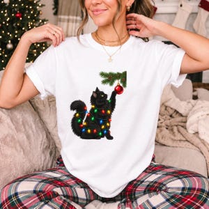 Comfort Colors Black Cat Christmas Shirt, Funny Cat Ornament Tee, Black Cat Christmas Lights T-shirt, Cat Mom Holiday Shirt