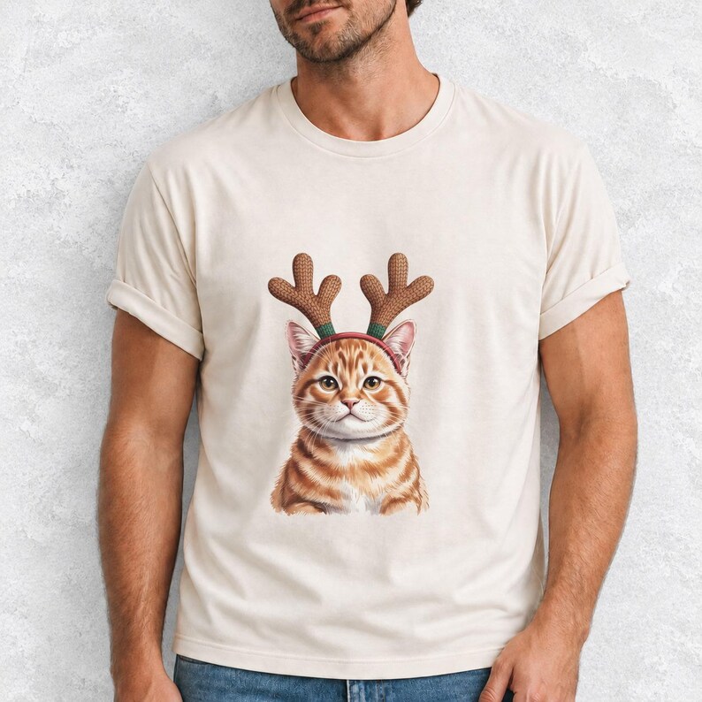 Comfort Colors Cat Reindeer Antlers Shirt, Orange Tabby Cat Christmas Tee, Grumpy Cat Reindeer T-shirt, Cat Mom Holiday Shirt, Cat Xmas Tee