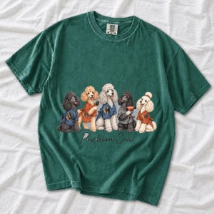 Illustrated poodles in salon smocks with brushes and a hair dryer, text Pawdicure Crew