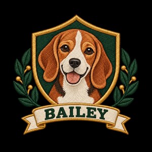 Pode incluir: Um emblema bordado apresentando o rosto de um cão beagle centralizado dentro de um escudo verde-escuro com borda dourada. O escudo é ladeado por ramos de louro verdes com bagas douradas. Uma faixa branca abaixo exibe o nome BAILEY em verde.