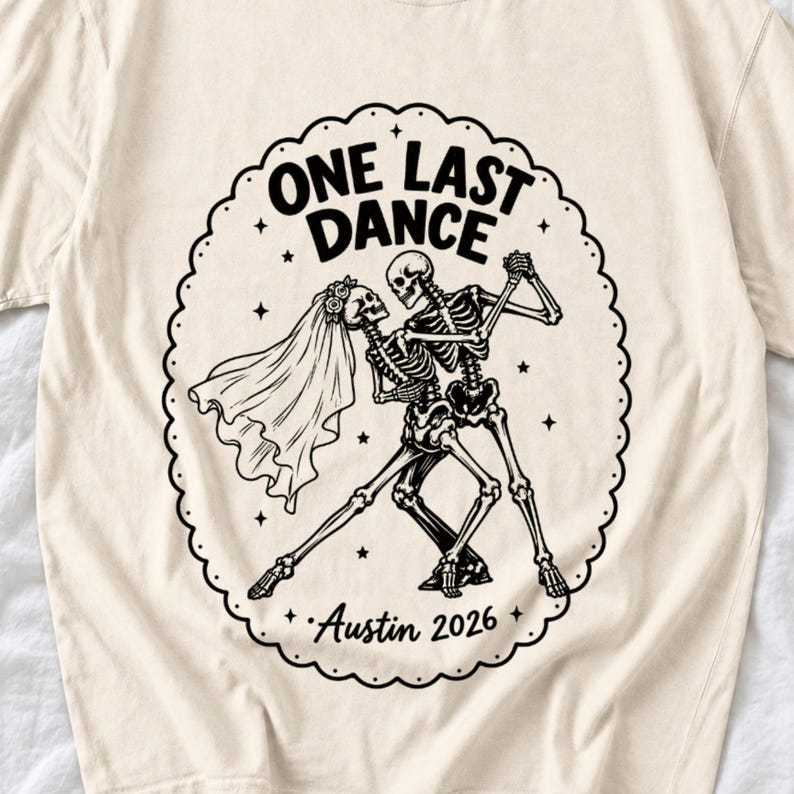 Two skeletons dancing tango, one in a veil, in a starry frame with the text One Last Dance Austin 2026
