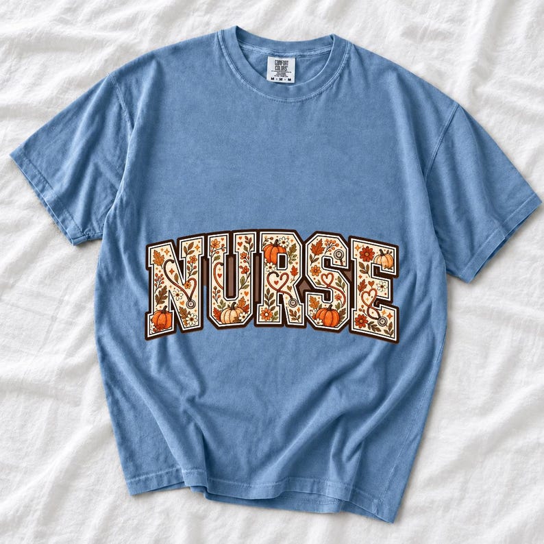 Arched varsity word NURSE filled with autumn leaves, stethoscopes and pumpkins in cream, rust and mustard