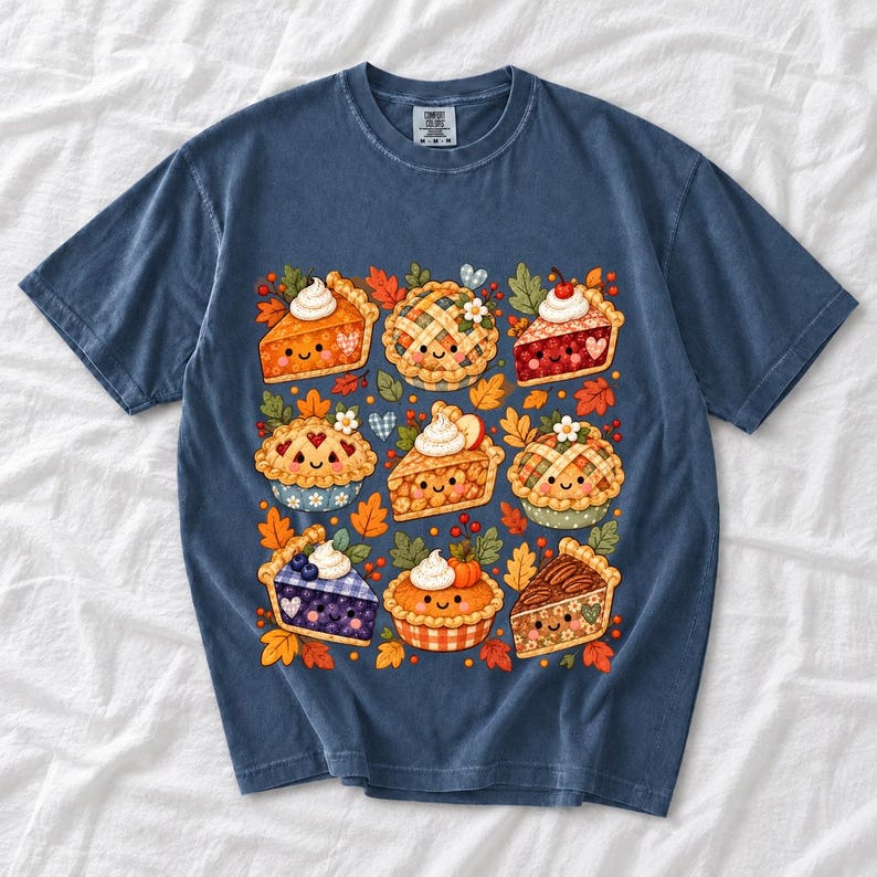 Grid of cute pie slices and mini pies with faces, lattice crusts and autumn leaves in patchwork sticker style