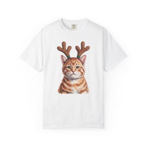 Comfort Colors Cat Reindeer Antlers Shirt, Orange Tabby Cat Christmas Tee, Grumpy Cat Reindeer T-shirt, Cat Mom Holiday Shirt, Cat Xmas Tee — Printify product mockup