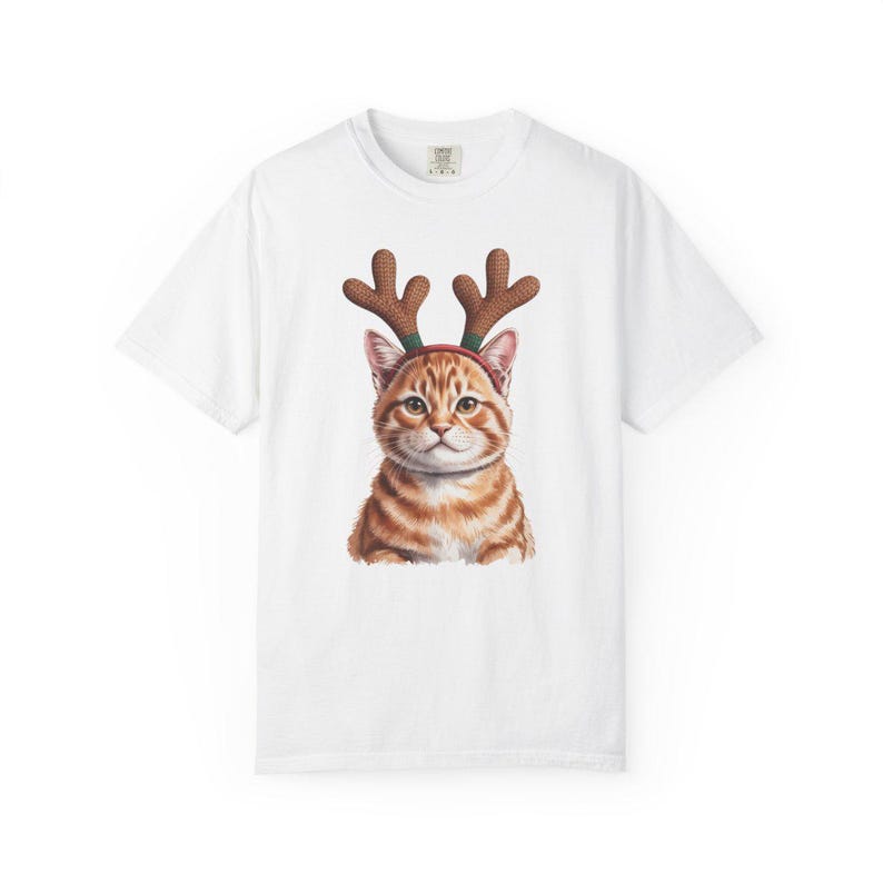 Comfort Colors Cat Reindeer Antlers Shirt, Orange Tabby Cat Christmas Tee, Grumpy Cat Reindeer T-shirt, Cat Mom Holiday Shirt, Cat Xmas Tee — Printify product mockup