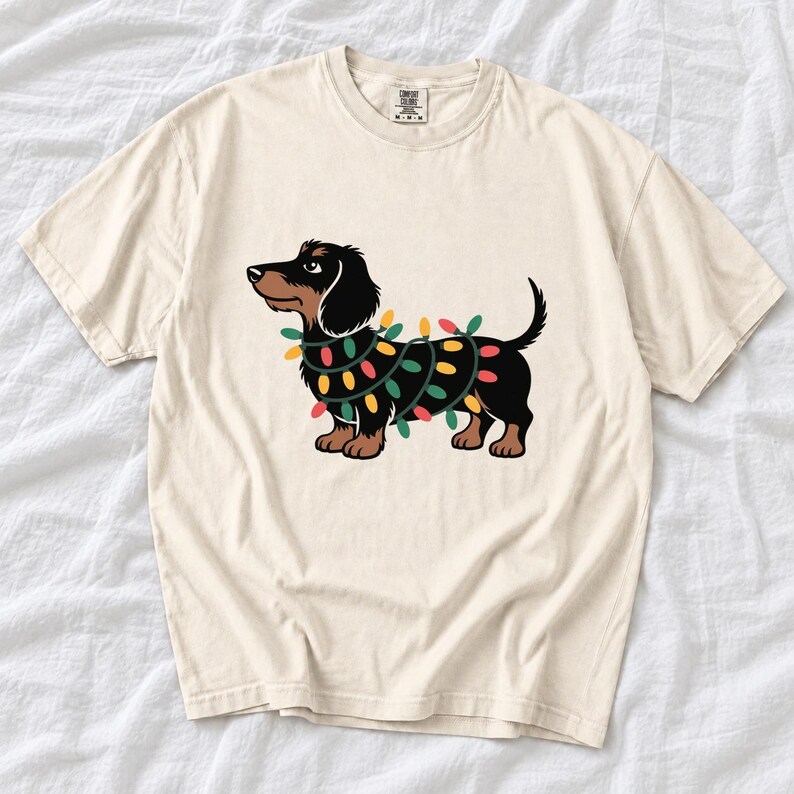 Comfort Colors Dachshund Christmas Lights Shirt, Funny Doxie Christmas Tee, Wiener Dog Christmas T-shirt, Dachshund Mom Holiday Shirt