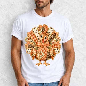 Turkey with patchwork fabric tail feathers decorated with bows on a cream and polka-dot stripe background