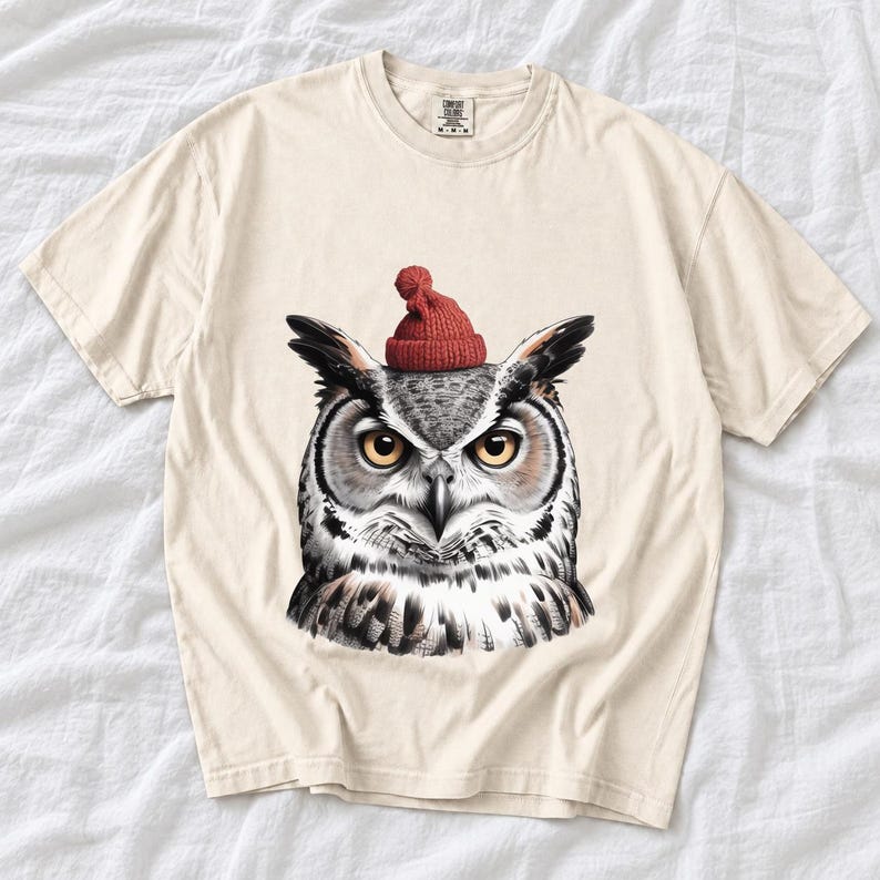 Comfort Colors Owl Santa Hat Shirt, Sketch Owl Christmas Tee, Great Horned Owl Winter T-shirt, Owl Lover Holiday Shirt, Bird Lover Owl Tee