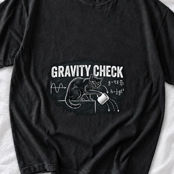 Black Cat Physics Gravity Check Shirt by AeroBeloved