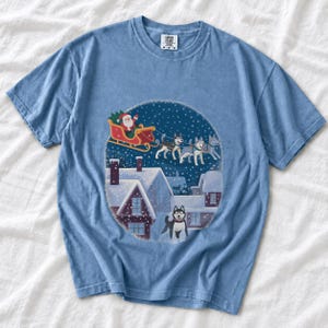 Comfort Colors Santa Sleigh Huskies Shirt, Christmas Village Husky Tee, Retro Santa Sled Dogs T-shirt, Husky Lover Holiday Shirt, Husky Tee