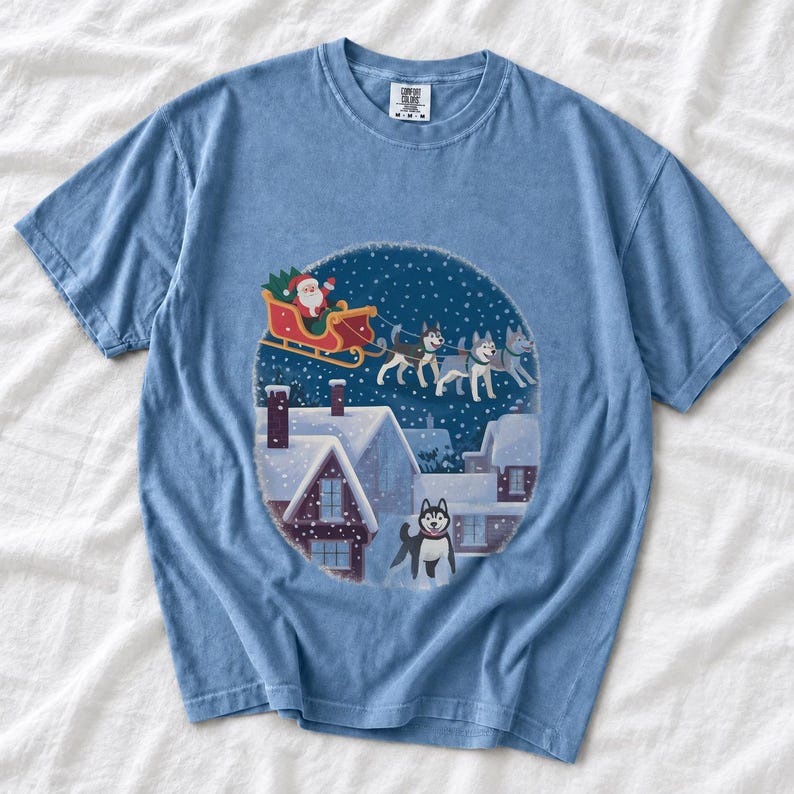 Comfort Colors Santa Sleigh Huskies Shirt, Christmas Village Husky Tee, Retro Santa Sled Dogs T-shirt, Husky Lover Holiday Shirt, Husky Tee