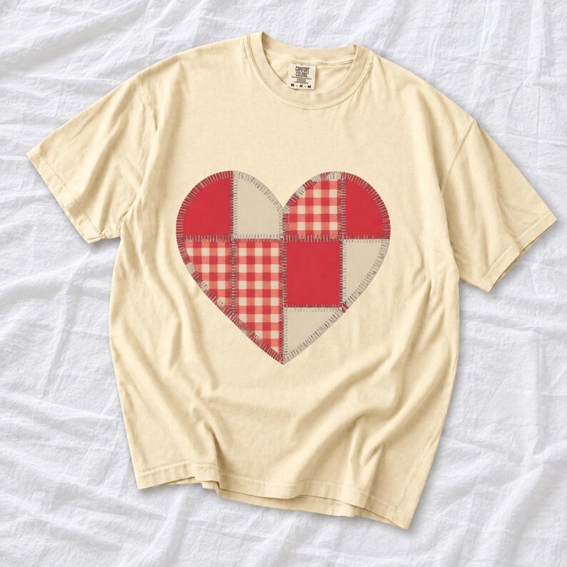 Comfort Colors Gingham Patchwork Heart Shirt, Red Heart Valentine Tee, Red Plaid Heart T-shirt, Valentines Day Heart Shirt Women
