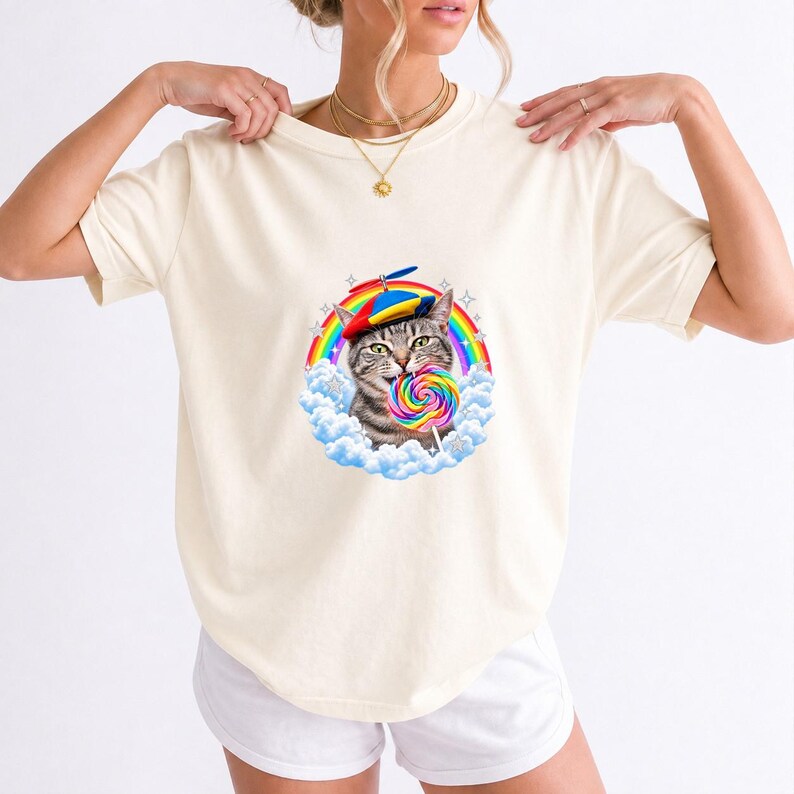 Rainbow Cat Lollipop Propeller Beanie Comfort Colors Shirt product mockup, image 10