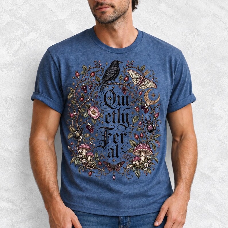 Raven on a wild rose branch with beetles and berries around blackletter text "Quietly Feral"