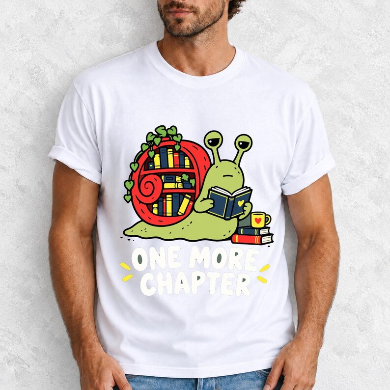 Cartoon snail reading a book with a bookshelf shell and the text One More Chapter