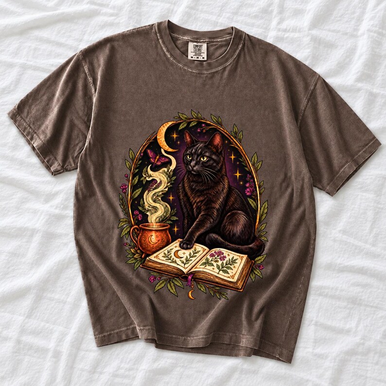 Black cat guarding an open botanical spellbook with a glowing potion cup