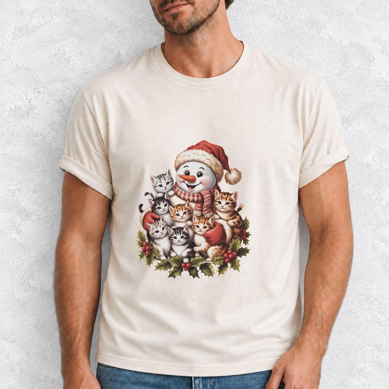 Comfort Colors Snowman Cats Christmas Shirt, Retro Snowman Kitten Tee, Christmas Cat Lover T-shirt, Cat Mom Holiday Shirt, Winter Cat Tee