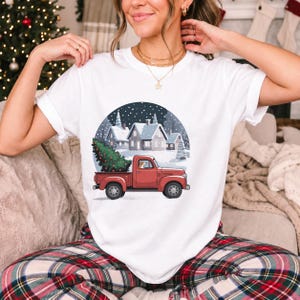 Comfort Colors Red Truck Christmas Tree Shirt, Retro Christmas Truck Tee, Snowy Village Red Truck T-shirt, Farmhouse Christmas Shirt