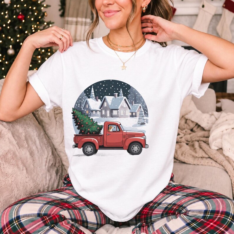 Comfort Colors Red Truck Christmas Tree Shirt, Retro Christmas Truck Tee, Snowy Village Red Truck T-shirt, Farmhouse Christmas Shirt