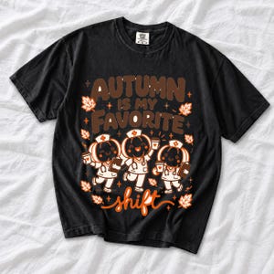 Cute pumpkin characters in nurse caps with clipboards and coffee, text Autumn Is My Favorite Shift