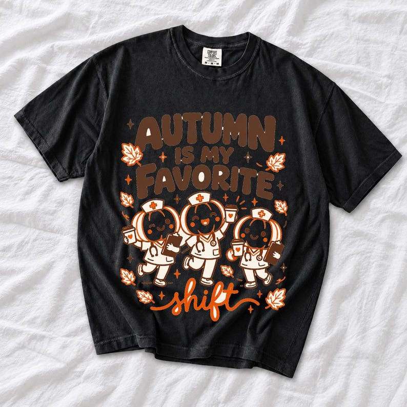 Cute pumpkin characters in nurse caps with clipboards and coffee, text Autumn Is My Favorite Shift