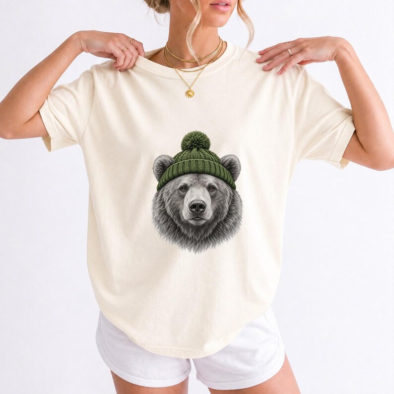Comfort Colors Bear Beanie Shirt, Sketch Bear Winter Tee, Grizzly Bear Green Beanie T-shirt, Cabin Bear Lover Shirt Gift, Bear Tee