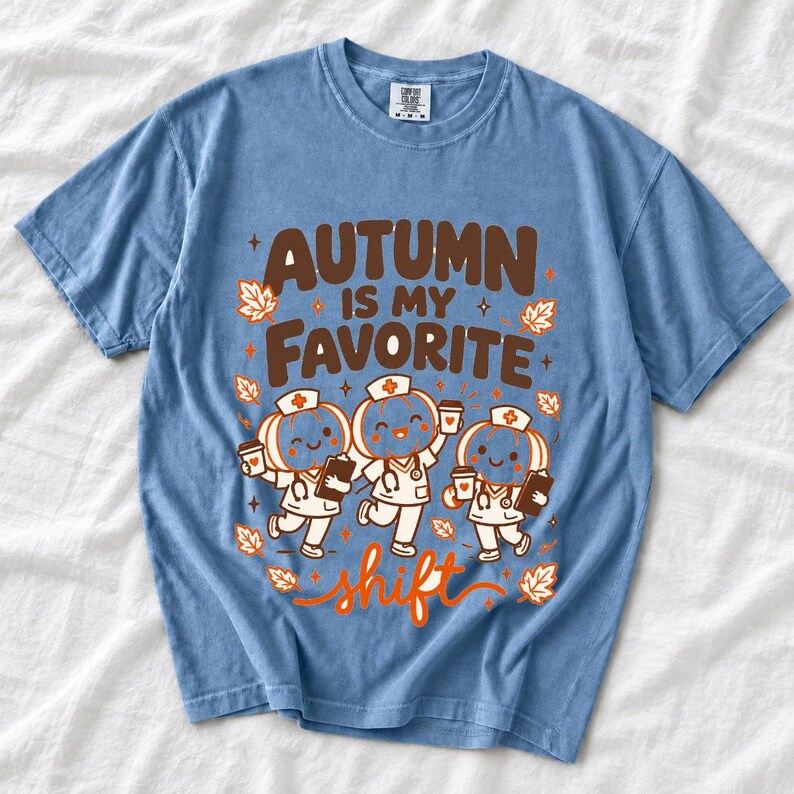 Cute pumpkin characters in nurse caps with clipboards and coffee, text Autumn Is My Favorite Shift