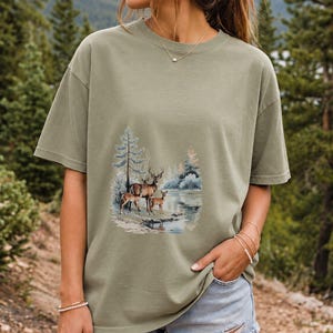 Comfort Colors Winter Deer Family Shirt, Watercolor Deer Tee, Snowy Lake Deer T-shirt, Nature Lover Winter Shirt, Deer Lover Gift Tee