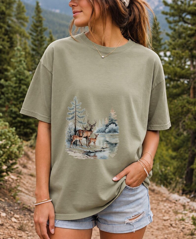 Comfort Colors Winter Deer Family Shirt, Watercolor Deer Tee, Snowy Lake Deer T-shirt, Nature Lover Winter Shirt, Deer Lover Gift Tee